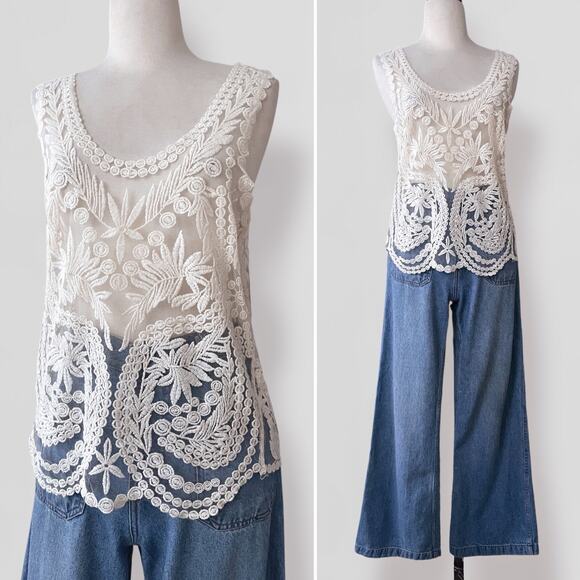 Boho Cream Lace Tank Top Sheer Embroidered Festival Y2K Fairycore Romantic Indie - Picture 1 of 9